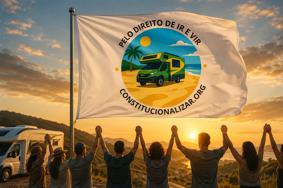Mãos se unindo em círculo sob a bandeira do Brasil ao pôr do sol - simbolizando a força coletiva da causa