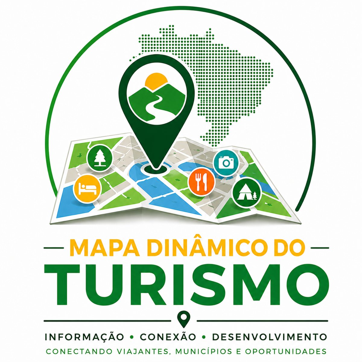 Logotipo do projeto Mapa Dinâmico do Turismo - mapa com pin de localização e ícones de viagem