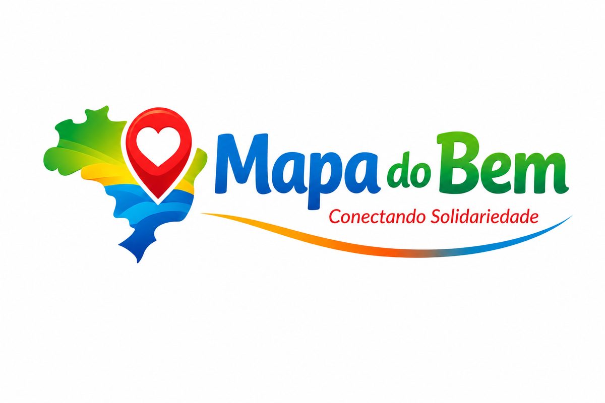 Logotipo do projeto Mapa do Bem - mapa do Brasil em cores da bandeira com coração