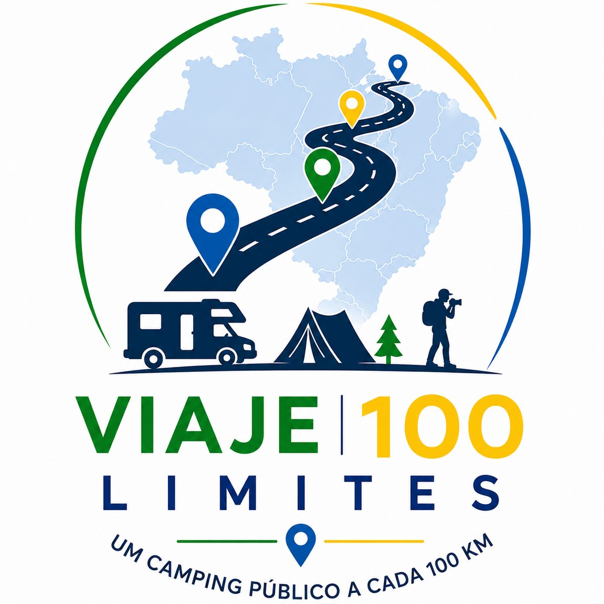 Logotipo do projeto Viaje 100 Limites - mapa do Brasil com estrada e motorhome